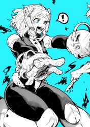  ! absurdres blood blue_background blue_eyes bodysuit boku_no_hero_academia breasts female gloves greyscale greyscale_with_colored_background highres medium_breasts monochrome open_mouth original short_hair solo spoken_exclamation_mark tears uraraka_ochako yotsumi_shiro 