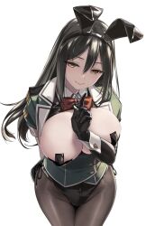  adapted_costume alternate_costume animal_ears black_hair black_leotard bow bowtie breasts chikuma_(kancolle) cowboy_shot cross_pasties elbow_gloves fake_animal_ears female gloves highres kantai_collection large_breasts leotard long_hair pantyhose pasties playboy_bunny rabbit_ears ribbon rokuwata_tomoe single_elbow_glove single_glove smile white_background wrist_cuffs yellow_eyes 