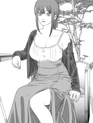  breasts chainsaw_man chair cleavage female fujimoto_tatsuki_(style) greyscale highres jacket large_breasts long_skirt makima_(chainsaw_man) monochrome nanami_toga ringed_eyes sidelocks sitting skirt solo table tree 