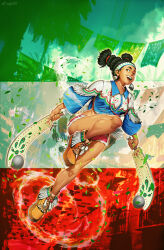  black_hair brown_eyes club_(weapon) dark-skinned_female dark_skin female genzoman headband highres holding holding_club holding_weapon lily_hawk looking_at_viewer mexican_flag moccasins official_art open_mouth pink_shorts pogamoggan poncho short_shorts shorts smile solo street_fighter street_fighter_6 teeth toned_female twintails upper_teeth_only weapon 