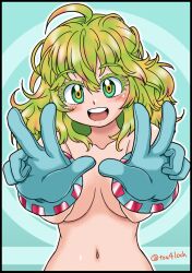  :d blue_gloves boku_no_hero_academia breasts double_w female gloves green_eyes green_hair hagakure_tooru looking_at_viewer medium_breasts medium_hair messy_hair navel open_mouth smile solo teeth toushi_ryoku unusually_visible upper_teeth_only w 