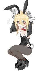  :o absurdres animal_ear_hairband animal_ears arms_up black_leotard blonde_hair bow bowtie breasts cleavage detached_collar double-parted_bangs fake_animal_ears fake_tail female fishnet_pantyhose fishnets gloves hair_between_eyes hairband highres joints leotard looking_at_viewer mechanical_arms mechanical_foot open_mouth original pantyhose playboy_bunny rabbit_ears rabbit_pose rabbit_tail red_bow red_bowtie red_eyes robot_girl robot_joints shimosuke short_hair_with_long_locks simple_background small_breasts squatting strapless strapless_leotard tail translated white_background white_gloves wrist_cuffs 