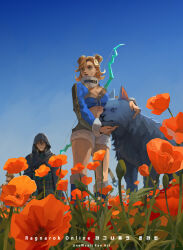  1boy blonde_hair blue_footwear blue_shirt blue_sky boots bow_(weapon) breasts brown_shorts chinese_commentary clear_sky cleavage cloak commentary_request crop_top dated_commentary double_bun feet_out_of_frame female flower fur-trimmed_boots fur-trimmed_shorts fur-trimmed_sleeves fur_collar fur_trim green_shirt grey_cloak hair_bun hood hood_up hooded_cloak korean_text looking_afar medium_breasts midriff open_mouth orange_flower ragnarok_online shadow_cross_(ragnarok_online) shirt short_hair shorts shrug_(clothing) sky standing typo weapon wind_hawk_(ragnarok_online) wolf z.i 