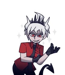  1boy bini_(xocolatl_501) black_gloves black_necktie commentary_request cosplay crown danganronpa_(series) danganronpa_2:_goodbye_despair demon_boy demon_horns demon_tail gloves helltaker hinata_hajime hinata_hajime_(awakened) horns leaning_forward looking_at_viewer lucifer_(helltaker) lucifer_(helltaker)_(cosplay) male_focus necktie red_eyes red_shirt shirt short_hair smirk solo sparkle tail transparent_background white_hair white_horns 