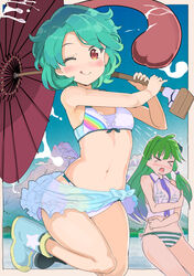  &gt;_&lt; 2girls adapted_costume bikini blue_flower blue_hair blue_sarong blush boots breasts closed_eyes closed_mouth commentary day flower green_hair highres holding holding_umbrella jumping karakasa_obake kochiya_sanae long_hair looking_at_viewer mountain multiple_girls navel one_eye_closed open_mouth puuakachan rainbow_print red_eyes sarong short_hair small_breasts smile striped_bikini striped_clothes swimsuit tatara_kogasa thighs tongue tongue_out touhou umbrella white_bikini 