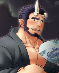  1boy alternate_costume bara beard black_hair black_kimono blush broken_horn demon_boy demon_horns facial_hair fangs hand_fan holding holding_fan horns japanese_clothes kimono live_a_hero looking_at_viewer male_focus mature_male moonlight muscular muscular_male nessen_(live_a_hero) night night_sky pectoral_cleavage pectorals short_hair sky solo sunfight0201 thick_eyebrows upper_body 