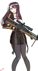  artist_name black_gloves black_pantyhose breasts bullpup female girls&#039;_frontline gloves gun hair_ribbon highres holding holding_weapon long_hair looking_at_viewer medium_breasts necktie one_side_up open_mouth pantyhose purple_hair red_eyes red_necktie red_ribbon ribbon rifle saturndxy shirt sniper_rifle solo standing trigger_discipline wa2000_(girls&#039;_frontline) walther walther_wa_2000 weapon white_background white_shirt 