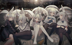  5girls absurdres animal_ears ass black_pantyhose blue_eyes blunt_bangs brown_eyes closed_eyes hair_ornament hairclip highres legs long_hair looking_at_viewer md5_mismatch multiple_girls original pantyhose rabbit_ears rabbit_girl rabbit_tail short_hair sitting skirt tail thighs timitarcat white_hair white_pantyhose 