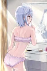  absurdres bathroom blue_eyes bra chris_(konosuba) different_reflection eris_(konosuba) female highres kono_subarashii_sekai_ni_shukufuku_wo! lipstick makeup mirror panties pink_panties reflection scar short_hair spoilers tkd_(user_jrzs2785) underwear white_hair 