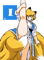  9_tails animal_humanoid azuki_osamitsu bent_arm big_breasts biped blonde_hair breasts canid canid_humanoid canine canine_humanoid clothed clothing convenient_censorship dipstick_ears dipstick_tail dress ear_markings extended_arm extended_leg female flexible fluffy fluffy_tail fox_humanoid fur hair hand_on_calf hand_on_leg hand_on_own_calf hand_on_own_leg hand_on_own_tail hand_on_tail hi_res holding_calf holding_leg holding_raised_leg holding_tail humanoid inner_ear_fluff light_body light_skin looking_at_viewer mammal mammal_humanoid markings monotone_hair multi_tail multicolored_ears multicolored_tail on_one_leg one_leg_up pink_inner_ear raised_arm raised_hand raised_leg ran_yakumo short_hair simple_background solo splits spread_legs spreading standing straight_leg tabard tail tail_censorship tail_markings thick_thighs touhou tuft two_tone_ears two_tone_tail upskirt vertical_splits white_background white_clothing white_dress white_inner_ear_fluff wrist_under_leg yellow_body yellow_eyes yellow_fur 