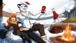  2020 7:4 abs adobe_photoshop_(artwork) ambiguous_gender angry anthro athletic athletic_male barefoot blush brin_(twokinds) campfire chest_tuft christmas christmas_clothing christmas_headwear closed_eyes clothed clothing colored conditional_dnp container cup digital_media_(artwork) digitigrade drunk duo_focus eggnog english_text eyewear fake_beard feet felid female female_explorer fluffy fluffy_tail fur goggles grey_body grey_fur group hair hat headgear headwear heart_symbol hi_res holding_object holidays human keidran larger_anthro larger_male looking_around_corner male mammal multicolored_body multicolored_fur musical_note open_mouth open_smile outside pantherine ponytail red_hair santa_hat singing size_difference sled smaller_female smaller_human smile snow snow_leopard substance_intoxication tail tail_coil text tom_fischbach topless tuft twokinds unknown_character url white_body white_fur winter 