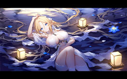  azur_lane blonde_hair blue_eyes breasts brest_(azur_lane) dress female floating_lights highres large_breasts letterboxed long_hair looking_at_viewer lying night on_back pointy_ears quan_(kurisu_tina) revealing_clothes solo underboob very_long_hair water wet wet_clothes white_dress 