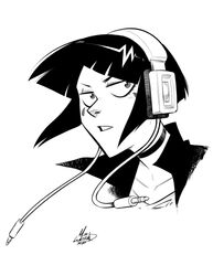  audio_jack boku_no_hero_academia choker facial_mark female greyscale headphones jacket jirou_kyouka long_earlobes monochrome mx._moz portrait short_hair solo 