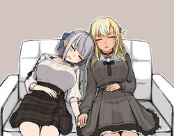  2girls black_choker blonde_hair breasts choker closed_eyes couch elf grey_hair hand_on_own_stomach holding_hands hololive large_breasts leaning_on_person long_hair medium_breasts multiple_girls open_mouth pointy_ears sailor_collar sazare_(sazare_az) shiranui_flare shiranui_flare_(street) shirogane_noel shirogane_noel_(casual) short_hair sitting sleeping sweater sweater_tucked_in virtual_youtuber yuri 