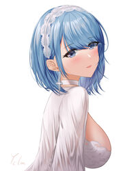  absurdres azur_lane blue_eyes blue_hair breasts chapayev_(azur_lane) chapayev_(white_cavalier&#039;s_respite)_(azur_lane) chinese_commentary commentary dress earrings eyes_visible_through_hair female from_side hair_over_one_eye hairband highres ichikushi_mojibake jewelry large_breasts looking_at_viewer looking_to_the_side official_alternate_costume short_hair signature simple_background solo swept_bangs upper_body white_background white_dress white_hairband 