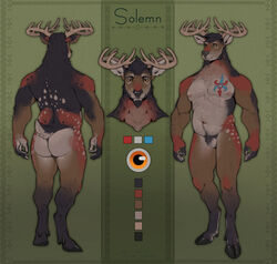  2022 anthro antlers black_body black_fur brown_antlers brown_body brown_fur deer digital_media_(artwork) featureless_crotch full-length_portrait fur hi_res hooves horn humanoid_hands male mammal model_sheet orange_eyes portrait pubes red_body red_fur runasolaris scut_tail short_tail simple_background solo standing tail tan_body tan_fur 