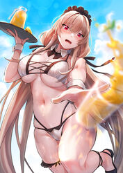  absurdres azur_lane bikini breasts brown_hair cross-laced_bikini cross-laced_clothes detached_collar female frilled_hairband frills hairband hand_up highres holding holding_tray kurono_hyouka large_breasts leg_up long_hair low_twintails maid maid_bikini mole mole_under_mouth multi-strapped_bikini_bottom navel official_alternate_costume outstretched_arms pitcher_(container) standing standing_on_one_leg swiftsure_(azur_lane) swiftsure_(midsummer_special_service)_(azur_lane) swimsuit tray twintails two-tone_bikini unconventional_maid white_bikini wrist_cuffs 