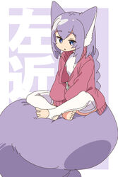  animal_ear_fluff animal_ears blue_eyes braid commentary_request female highres jacket kagura_roku large_tail long_hair no_shoes open_clothes open_jacket original parted_lips pink_jacket purple_background purple_hair shirt single_braid sitting solo stirrup_legwear tail text_background thighhighs toeless_legwear two-tone_background very_long_hair white_background white_shirt white_thighhighs 