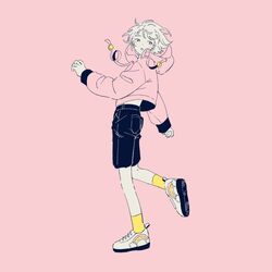  blush commentary female full_body highres hood hoodie leg_up looking_back mitsuki_sanagi open_mouth original pink_background rainbow shoes shorts simple_background sneakers socks solo symbol-only_commentary yellow_socks 