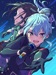  2girls absurdres back-to-back bang_dream! black_gloves black_hair black_ribbon blue_hair blush dutch_angle ear_piercing gloves hair_between_eyes hair_ribbon half_gloves highres holding holding_instrument holding_microphone hololive hoshimachi_suisei hoshimachi_suisei_(shout_in_crisis) instrument long_sleeves looking_at_viewer medium_hair microphone multiple_girls music nobusawa_osamu official_alternate_costume official_alternate_hairstyle open_mouth piercing ponytail ribbon singing smile star_(symbol) star_in_eye symbol_in_eye teeth upper_teeth_only virtual_youtuber wakana_rei 