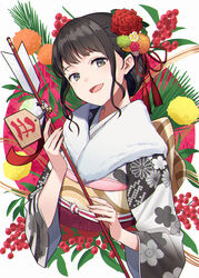  :d arrow_(projectile) bell black_hair commentary_request cropped_torso ema female floral_print flower grey_eyes hair_flower hair_ornament hamaya head_tilt highres holding holding_arrow hyuuga_azuri japanese_clothes jingle_bell kimono long_sleeves looking_at_viewer new_year obi open_mouth original print_kimono red_flower sash sidelocks smile solo upper_body white_background wide_sleeves 