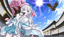  architecture bird blue_eyes blue_sky byeoljagga cherry_blossoms chinese_clothes cloud cloudy_sky commission day earrings east_asian_architecture female hair_between_eyes hair_ornament hand_fan hawk highres holding holding_fan honkai_(series) honkai_impact_3rd jewelry korean_commentary lantern looking_at_viewer open_mouth outdoors petals sky solo sun teeth theresa_apocalypse tree white_hair zhuge_kongming_(honkai_impact) 