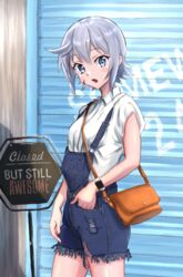  absurdres alternate_costume bag blue_eyes blush chris_(konosuba) english_text female hair_between_eyes hand_in_pocket handbag highres kono_subarashii_sekai_ni_shukufuku_wo! looking_at_viewer scar short_hair sign tkd_(user_jrzs2785) watch white_hair wristwatch 