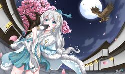  architecture bird blue_eyes byeoljagga cherry_blossoms chinese_clothes cloud cloudy_sky commission earrings east_asian_architecture female hair_between_eyes hair_ornament hand_fan hawk highres holding holding_fan honkai_(series) honkai_impact_3rd jewelry korean_commentary lantern looking_at_viewer moon night night_sky open_mouth outdoors petals sky solo teeth theresa_apocalypse tree white_hair zhuge_kongming_(honkai_impact) 