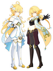  1boy aether_(genshin_impact) aether_(genshin_impact)_(cosplay) ahoge alternate_costume belt blonde_hair blush cape commentary_request cosplay costume_switch dress earrings female flower full_body genshin_impact gloves hair_between_eyes hair_flower hair_ornament highres jewelry long_hair looking_at_viewer lumine_(genshin_impact) lumine_(genshin_impact)_(cosplay) navel pants smile uzo-uzo white_dress yellow_eyes 