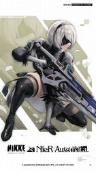  2b_(nier:automata) black_blindfold black_dress blindfold boots bumcha clothing_cutout covered_eyes crossover dress feather-trimmed_sleeves female gloves goddess_of_victory:_nikke grid_background gun hands_on_ground highres holding holding_gun holding_weapon long_sleeves mole mole_under_mouth nier:automata nier_(series) official_art panties short_hair solo taking_cover thick_thighs thighhighs thighhighs_under_boots thighs underwear weapon white_hair 