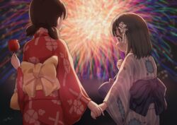  2girls aayh aerial_fireworks black_eyes black_hair blue_kimono blurry blurry_background blush bow candy_apple closed_mouth commentary_request depth_of_field eniwa_shii fireworks floral_print flower food hair_flower hair_ornament hand_grab holding holding_food japanese_clothes kimono koguma_(super_cub) low_twintails multiple_girls night night_sky obi outdoors print_kimono red_kimono rose sash sky striped_clothes striped_kimono super_cub twintails vertical-striped_clothes vertical-striped_kimono white_flower white_rose yellow_bow yuri 