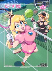  2girls armlet ball black_skirt black_sports_bra blonde_hair blue_eyes bowsette bracelet breasts brown_footwear collar crown dress earrings gloves horns jewelry jumping large_breasts long_hair mario_(series) mario_tennis mike_luckas multiple_girls new_super_mario_bros._u_deluxe open_mouth outdoors pink_dress pink_lips princess_peach racket red_eyes scoreboard sharp_teeth shoes short_sleeves skirt sphere_earrings spiked_armlet spiked_bracelet spiked_collar spikes sports_bra super_crown teeth tennis tennis_ball tennis_court tennis_peach tennis_racket upper_teeth_only watermark web_address white_gloves 