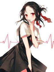  black_dress blush cardiogram dress female folded_ponytail forehead hair_ribbon hand_on_own_chin heartbeat highres kaguya-sama_wa_kokurasetai_~tensai-tachi_no_renai_zunousen~ kh_(kh_1128) looking_at_viewer parted_lips photoshop_(medium) pinafore_dress red_eyes red_ribbon ribbon school_uniform shinomiya_kaguya shirt short_hair short_sleeves shuuchiin_academy_school_uniform sidelocks sleeveless sleeveless_dress solo summer_uniform white_background white_shirt 