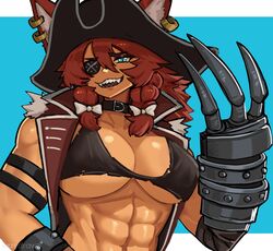  abs animal_ears blue_eyes breasts choker claw_(weapon) collar dark-skinned_female dark_skin earrings eyepatch ezzydraws female hair_ribbon hat highres jewelry large_breasts muscular muscular_female original pirate pirate_hat red_hair ribbon sharp_teeth sleeveless solo tan teeth underboob weapon 