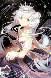  adapted_costume black_dress blue_eyes blue_hair chinese_commentary closed_mouth commentary crown dated dress female gloves happy_birthday hatsune_miku highres linfi-muu long_hair looking_at_viewer orbital_path puffy_short_sleeves puffy_sleeves see-through see-through_sleeves short_sleeves skirt_hold smile snowflakes solo symbol-shaped_pupils twintails very_long_hair vocaloid white_gloves yuki_miku yuki_miku_(2019) 