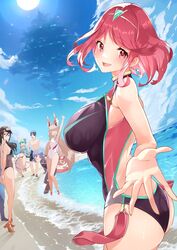  1boy 5girls absurdres animal_ears black_one-piece_swimsuit breasts brighid_(xenoblade) competition_swimsuit facial_mark grey_hair highres large_breasts long_hair low_twintails morag_ladair_(obligatory_leave)_(xenoblade) morag_ladair_(xenoblade) multiple_girls nia_(blade)_(xenoblade) nia_(xenoblade) one-piece_swimsuit outdoors pandoria_(xenoblade) poppi_(xenoblade) poppi_alpha_(swim_lesson)_(xenoblade) poppi_alpha_(xenoblade) pyra_(pro_swimmer)_(xenoblade) pyra_(xenoblade) red_eyes red_hair red_one-piece_swimsuit risumi_(taka-fallcherryblossom) short_hair swept_bangs swimsuit twintails two-tone_swimsuit very_long_hair xenoblade_chronicles_(series) xenoblade_chronicles_2 yellow_eyes zeke_von_genbu_(xenoblade) 