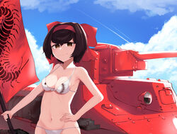  absurdres bikini black_hair breasts brown_eyes bug caterpillar_tracks centipede centipede_print cloud commentary_request commission day female flag girls_und_panzer girls_und_panzer_ribbon_no_musha hair_ribbon halterneck highres kurokimono001 military military_vehicle motor_vehicle navel pixiv_commission ribbon short_hair sky smile solo string_bikini swimsuit tank tsuruki_shizuka type_97_te-ke 