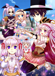  2boys 4girls arch_bishop_(ragnarok_online) armor armored_boots assassin_(ragnarok_online) bandages belt biretta black_belt black_hairband black_thighhighs black_wings blonde_hair blue_dress blue_sky blush boobplate boots bow brown_coat brown_eyes building cape cherry_blossoms cleavage_cutout closed_mouth clothing_cutout cloud coat comiket_79 cross day demon_wings dress expressionless fake_wings frilled_hairband frills full_body gauntlets glasses grey_hair hair_ribbon hairband hairbow head_wings high_ponytail high_priest_(ragnarok_online) juliet_sleeves kneehighs layered_clothes long_hair long_sleeves looking_at_viewer lord_knight_(ragnarok_online) medium_hair miniskirt monocle multiple_boys multiple_girls one_eye_closed open_mouth outdoors pants parted_bangs pauldrons petals pink_hair pink_skirt pleated_skirt puffy_sleeves purple_eyes purple_pants purple_shirt ragnarok_online red_bow red_cape red_dress red_hairband red_ribbon ribbon shiosumi_aya shirt short_hair shoulder_armor skirt sky smile socks sunglasses thighhighs two-tone_dress upper_body white_dress white_wings wings 