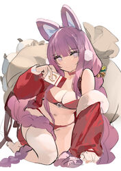  absurdres alternate_breast_size alternate_costume animal_ears azur_lane bag ballot ballot_(azur_lane) bikini blue_eyes blush breasts christmas cleavage coat commentary_request fake_animal_ears female fur_trim highres kincora long_hair long_sleeves looking_at_viewer medium_breasts ponytail purple_hair santa_bikini solo swimsuit tashkent_(azur_lane) thighhighs very_long_hair 