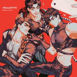  3boys :d abs amuii anger_vein battle_tendency black_hair blue_eyes cellphone chains closed_mouth coat collarbone crop_top crossed_arms finger_to_another&#039;s_face fingerless_gloves gloves grandfather_and_grandson hat headband heart highres holding holding_phone jacket jojo_no_kimyou_na_bouken jonathan_joestar joseph_joestar joseph_joestar_(young) kujo_jotaro long_sleeves looking_at_phone male_focus multiple_boys muscular muscular_male one_eye_closed open_mouth pants pectorals phantom_blood phone school_uniform shirt short_hair smartphone smile stardust_crusaders twitter_username v 