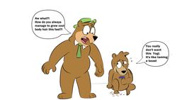  16:9 2022 anthro bear beargarbage belly boo-boo_bear brown_body clothing duo english_text hanna-barbera hat headgear headwear hi_res jellystone_(hbo_max) male mammal necktie simple_background sitting size_difference slightly_chubby text white_background widescreen yogi_bear yogi_bear_(character) 