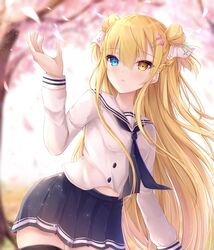  absurdres black_thighhighs blonde_hair blue_eyes blue_neckwear blue_skirt blurry blurry_background braid brown_eyes cherry_blossoms commentary_request depth_of_field double_bun female flower hair_between_eyes hair_bun hair_flower hair_ornament hair_ribbon hairclip hand_up heterochromia highres kiri_celea long_hair long_sleeves miniskirt original parted_lips petals pink_flower pleated_skirt ribbon sailor_collar school_uniform serafuku shirt skirt solo thighhighs tree very_long_hair white_ribbon white_sailor_collar white_shirt 