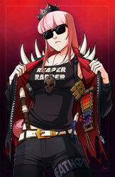  alternate_costume belt belt_buckle buckle clothes_writing crown female flute harmonica highres hololive hololive_english instrument jacket kazoo leather leather_jacket long_hair mallet_(instrument) mori_calliope mx._moz otamatone pink_hair recorder skull solo sunglasses tilted_headwear virtual_youtuber xylophone zipper 