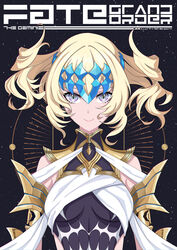  absurdres armlet black_background black_shirt blonde_hair blue_eyes breasts closed_mouth collar copyright_name diadem fate/grand_order fate_(series) female highres looking_at_viewer medium_breasts medium_hair metal_collar pollux_(fate) robe shirt smile solo star_(sky) white_robe yuuta_(yuuta0312) 