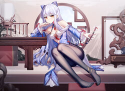  bare_shoulders black_pantyhose blue_dress blue_hair blush breasts calligraphy_brush cleavage closed_mouth commentary_request detached_sleeves double_bun dress female full_body hair_bun indoors legs long_hair long_sleeves looking_at_viewer medium_breasts no_shoes orange_eyes original paintbrush pantyhose ririko_(zhuoyandesailaer) round_window saegusa_riko sitting solo thighs toes window 