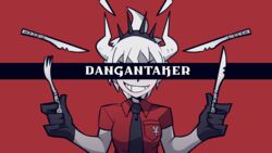  1boy ahoge badge bini_(xocolatl_501) black_gloves black_necktie collarbone collared_shirt commentary_request copyright_name cosplay crown danganronpa_(series) danganronpa_2:_goodbye_despair facing_viewer fork gloves grin helltaker highres hinata_hajime hinata_hajime_(awakened) holding holding_fork holding_knife horns knife lucifer_(helltaker) lucifer_(helltaker)_(cosplay) male_focus necktie parody red_background red_shirt shirt short_hair smile solo teeth upper_body white_hair 