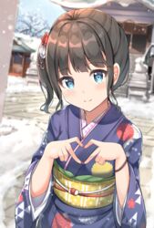  black_hair blue_eyes blue_kimono blurry blurry_background blush closed_mouth commentary_request day depth_of_field female floral_print furisode hands_up heart heart_hands japanese_clothes keiran_(ryo170) kimono long_sleeves looking_at_viewer nengajou new_year obi original outdoors print_kimono sash side_ponytail smile snow solo stairs stone_stairs wide_sleeves 