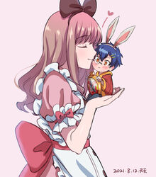  1boy alice_(alice_in_wonderland) alice_(alice_in_wonderland)_(cosplay) animal_ears apron asanaka_yomogi blue_hair blush bow breasts brown_hair closed_eyes cosplay dress female gridman_universe hair_ornament hairband hairclip hat kissing long_hair minami_yume mini_person miniboy rabbit_ears ribbon short_hair smile ssss.dynazenon straight tenten_(kitty) top_hat watch white_rabbit_(alice_in_wonderland) white_rabbit_(alice_in_wonderland)_(cosplay) yellow_eyes 