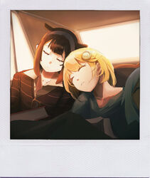  3girls ^_^ absurdres alternate_costume blonde_hair blue_hair blunt_bangs car_interior closed_eyes collarbone collared_shirt faux_photograph gawr_gura grey_hairband hair_ornament hairband highres hololive hololive_english long_hair mole mole_under_eye multiple_girls ninomae_ina&#039;nis parted_lips polaroid shirt short_hair tentacle_hair vincent_wu virtual_youtuber watson_amelia 