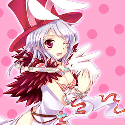  animal animal_ears blush breasts cleavage commentary_request detached_sleeves dress female fur_collar hat holding holding_animal holding_rabbit long_hair looking_at_viewer lowres lunatic_(ragnarok_online) medium_breasts one_eye_closed open_mouth pink_background rabbit rabbit_ears ragnarok_online red_eyes red_headwear shiosumi_aya side_slit smile sorcerer_(ragnarok_online) top_hat upper_body white_dress white_hair white_sleeves 